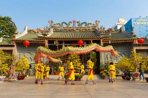 Show of lion or dragon dance  at Pagoda, China Town