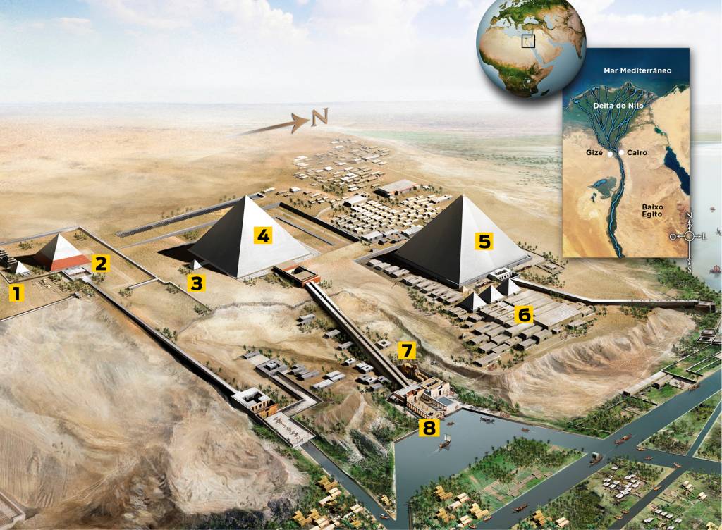 Como era o complexo das pirâmides de Gizé, no Egito, em seu auge?