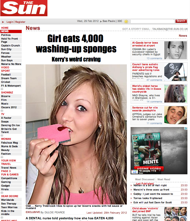 Jovem britânica já comeu 4 mil esponjas e 100 barras de sabão