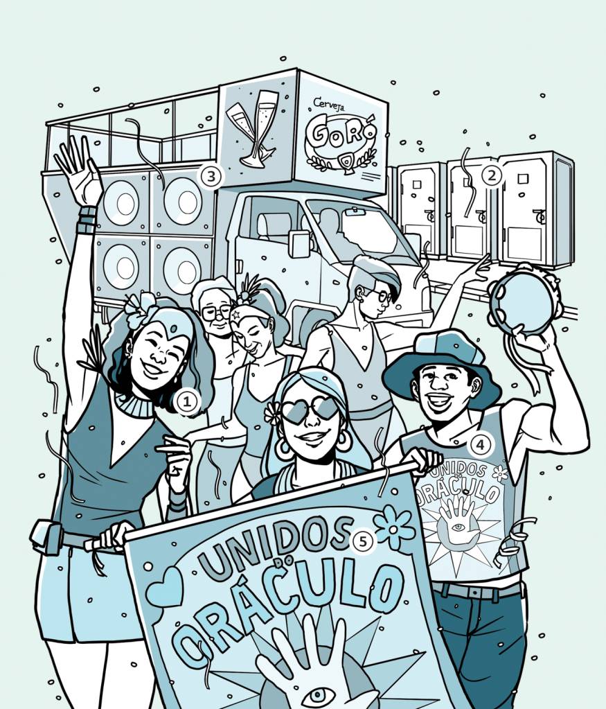 Ilustração de um bloquinho fictício, o Unidos do Oráculo, com estandarte, abadás personalizados e um trio elétrico ao fundo.