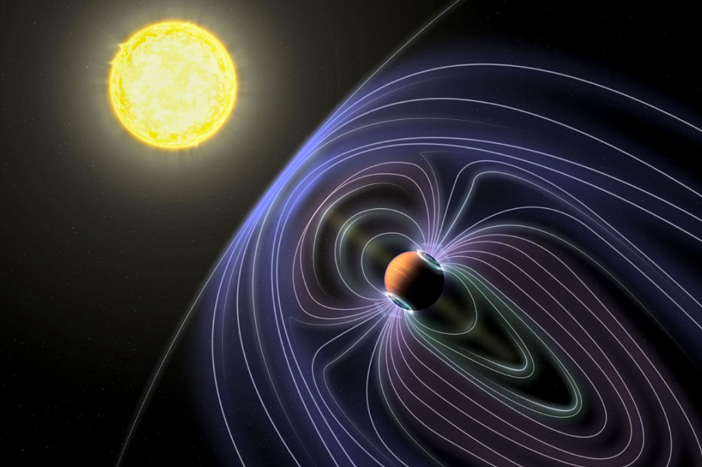 Ilustração de um exoplaneta emitindo sinal de rádio, representado por uma pequena esfera cercada por linhas.