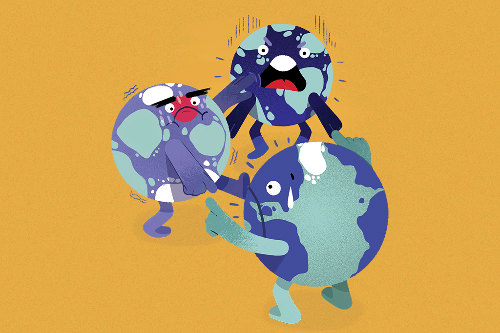 Ilustração mostrando três planetas Terra, levemente diferentes entre si, apontando um para o outro como no meme do homem-aranha.