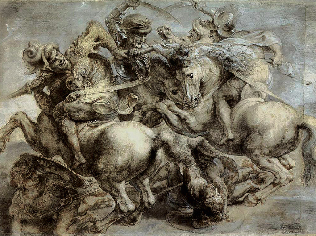 SI_DaVince_Genios_Rivais_2 <strong>QUEM PROCURA, ACHA – É possível que A Batalha de Anghiari esteja escondida no Palazzo Vecchio sob um painel pintado por Giorgio Vasari. Essa suspeita surgiu em 2012, quando foi descoberta na obra de Vasari a inscrição cerca trova (“procure e achará”).</strong>