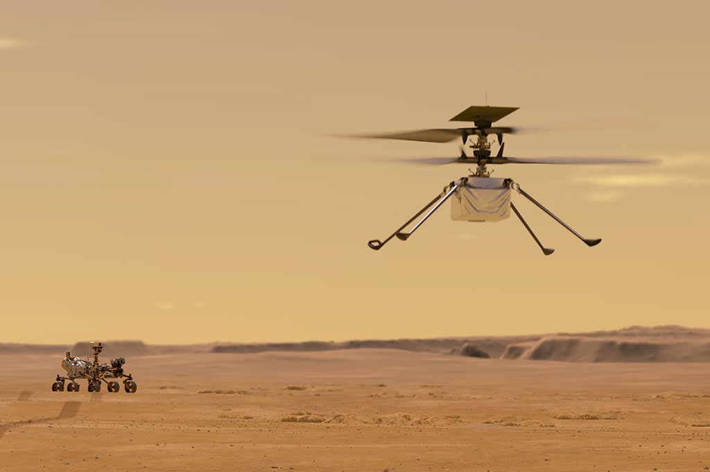 Rover Perseverance da Nasa pousará hoje em Marte Ilustração mostra o Mars Helicopter Ingenuity voando em Marte, com o Rover Perseverance ao fundo.