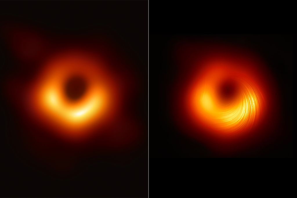 25-03_Blackhole2_SITE Imagem mostrando a comparação entre duas fotos do mesmo buraco negro.