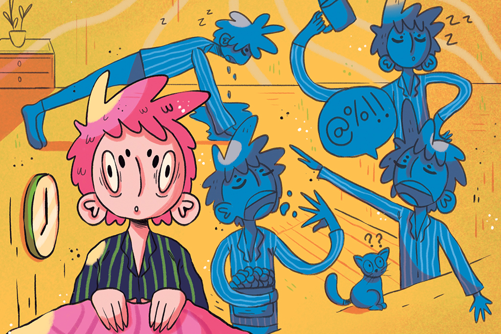 Ilustração de uma pessoa acordando e, ao fundo, a mesma pessoa fazendo várias atividades enquanto dormia: comendo, brigando com o gato, tomando café e fazendo flexões.