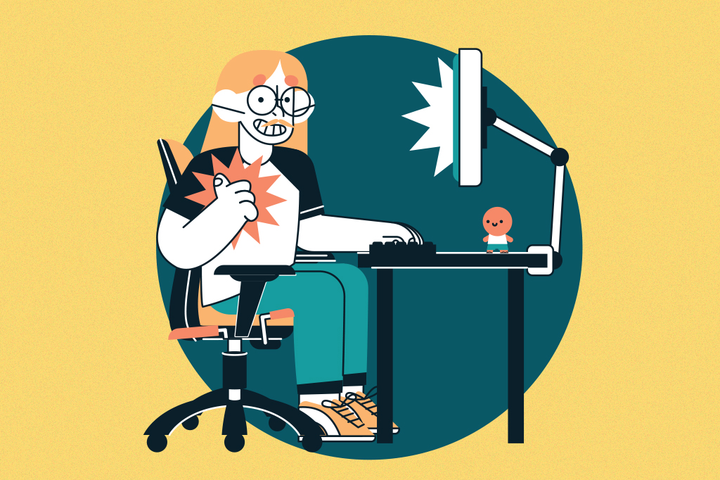 Ilustração de uma pessoa sentada corretamente na sua cadeira e usando o computador em uma mesa.