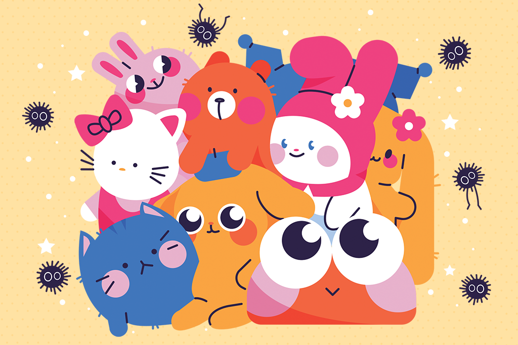 Ilustração representando a cultura kawaii. Temos Hello Kitty, Keroppi, My Melody e Cinnamoroll, junto com um gatinho e um coelho. Em volta deles, as poeiras que aparecem em alguns filmes da Studio Ghibli.