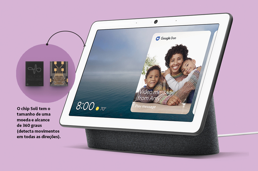 Foto do Google Nest Hub, com destaque pro chip Soli e a seguinte legenda: 