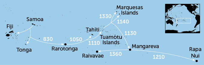 Gráfico sobre os horários e rotas das migrações dos primeiros polinésios.