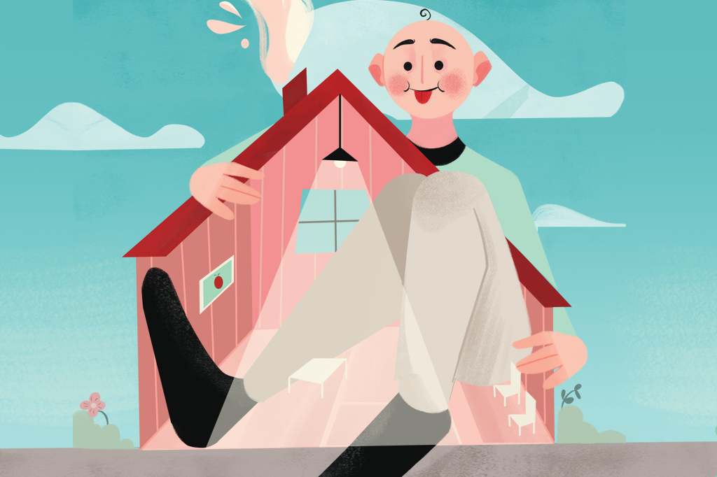 Ilustração de uma pessoa gigante fazendo parte da estrutura de uma casa.