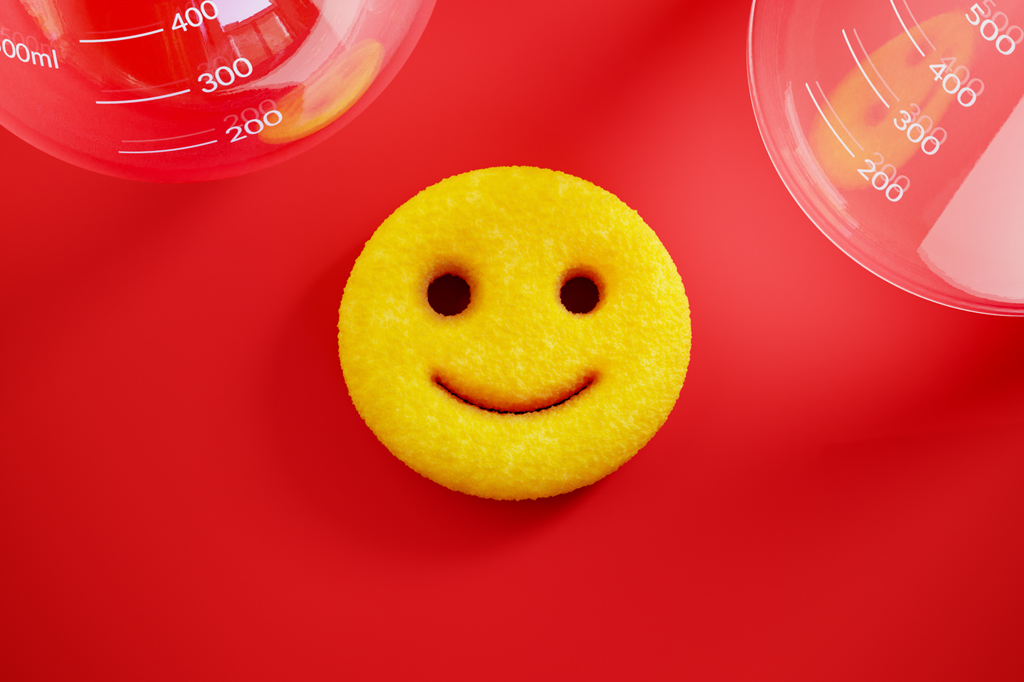 Ilustração 3D de batata smille em meio à vidros de laboratório.