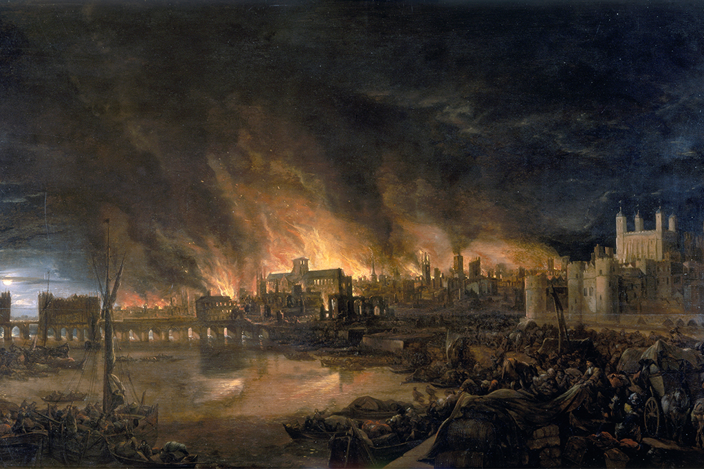 Esta pintura mostra o grande incêndio de Londres visto de um barco nas proximidades de Tower Wharf. A pintura retrata a Old London Bridge, várias casas, uma ponte levadiça e parapeito de madeira, as igrejas de St Dunstan-in-the-West e St Bride's , All Hallow's the Great, Old St Paul's, St Magnus the Martyr, St Lawrence Pountney, St Mary-le-Bow, St Dunstan-in-the East e Tower of London. A pintura é no estilo da Escola Holandesa e não está datada ou assinada.