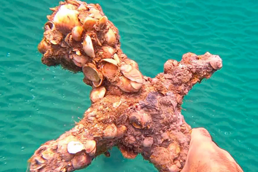 Mergulhador encontra espada da época das cruzadas na costa de Israel 3 Detalhe da espada de 900 anos encrustrada de conchas.