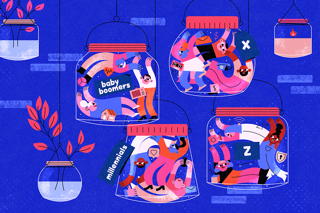 Ilustração de 4 potes de vidros com pessoas dentro. Cada pote representa uma geração: baby boomers, millennials, geração X e geração Z.