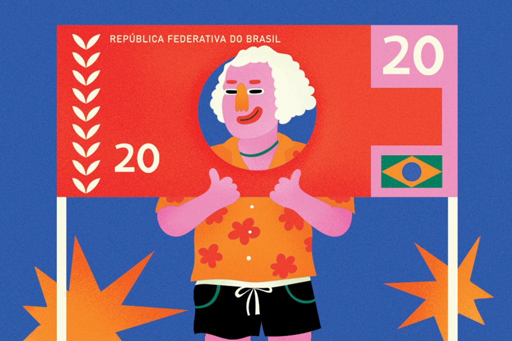 Ilustração do George Washington turista com a cabeça numa nota de 20.