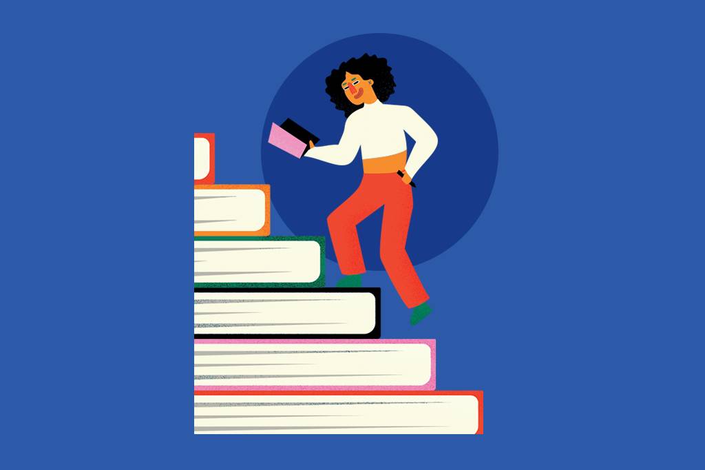 SI_433_ORCL_Manual_site Ilustração de uma mulher com caderno e lápis na mão subindo uma escada, onde cada degrau é um livro.