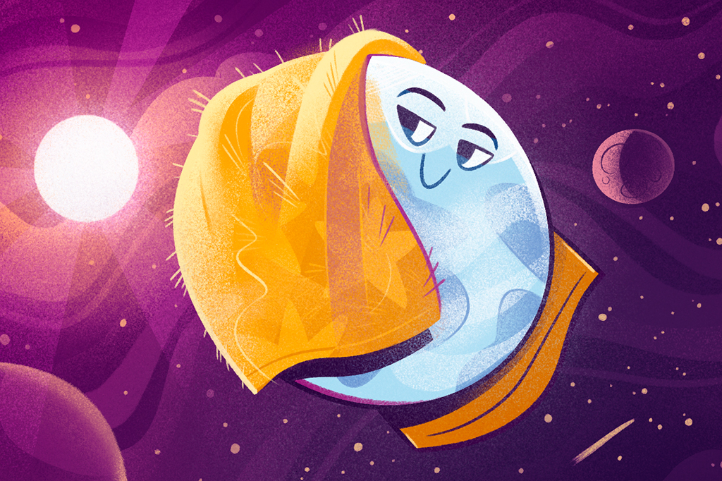 Ilustração de planeta Terra se protegendo do Sol com uma toalhinha.