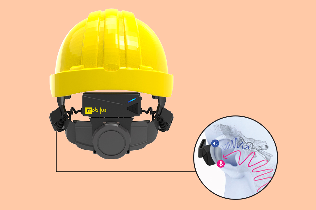Foto do capacete Mobilus MobiWan, com um detalhe de como funciona.