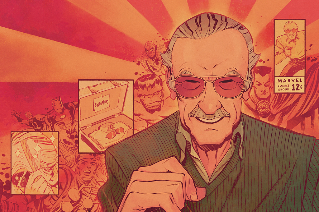 Ilustração de Stan Lee, com vários personagens da Marvel atrás dele e alguns elementos de histórias em quadrinhos. Há um selo de preço usado em HQs da Marvel e dois retângulos, um com o Stan Lee penteando o cabelo e outro com uma mala com suas roupas clássicas e um papel escrito Excelsior.