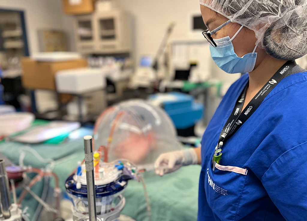 Cientistas mudam tipo sanguíneo de pulmão para transplante Dra. Aizhou Wang, primeira autora do estudo, demonstra em laboratório como as enzimas entram no sistema de Perfusão Pulmonar Ex Vivo (EVLP), tratando os órgãos para que se tornem 'universais'.