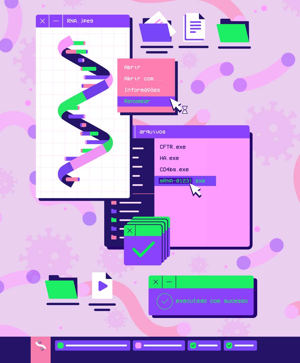 SI_437_mRNA_03 Ilustração de uma área de trabalho de um computador, com um RNA mensageiro artificial sendo executado.