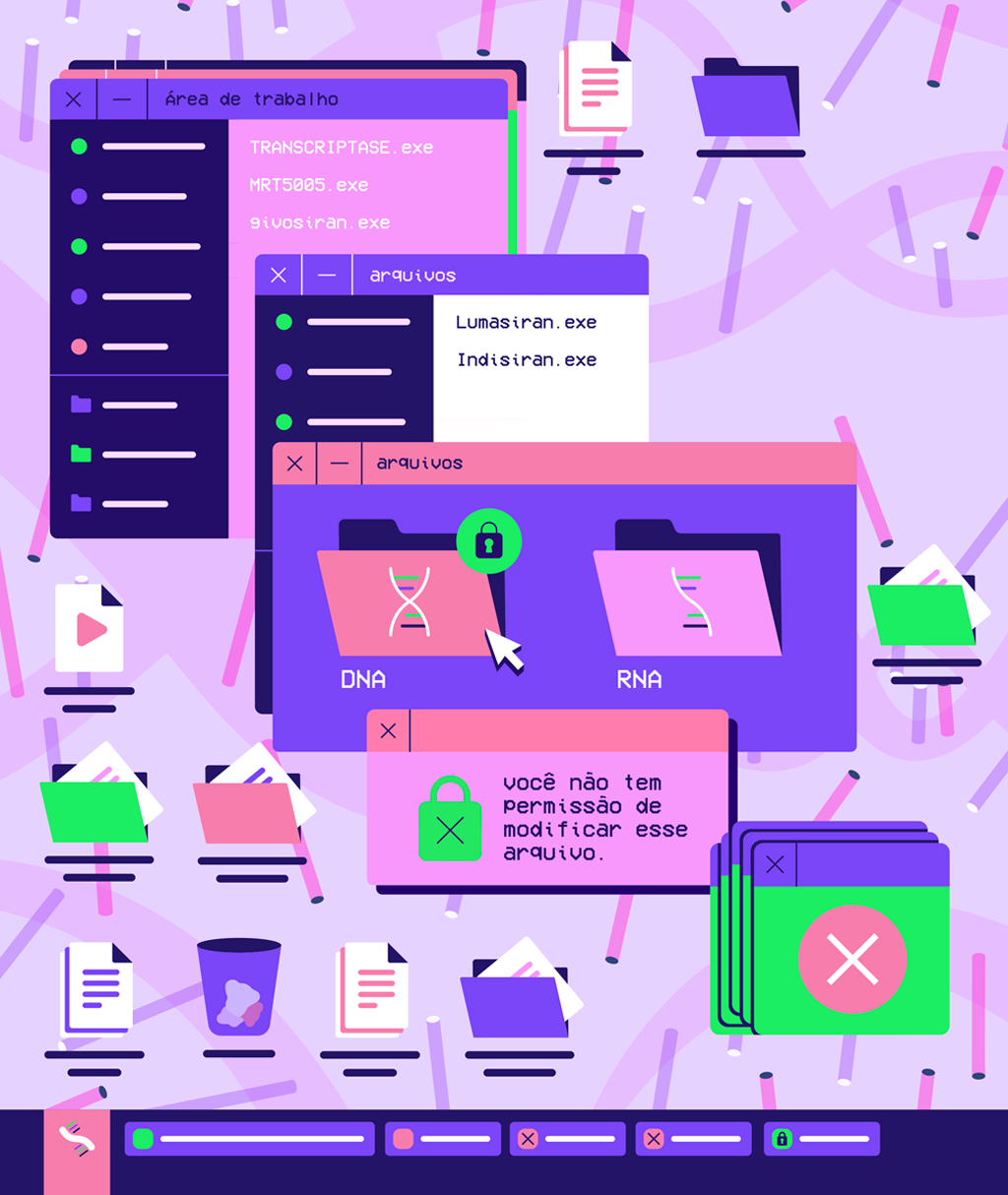 Ilustração de uma área de trabalho de um computador, com foco para duas pastas: DNA e RNA. A pasta do DNA possui um cadeado.