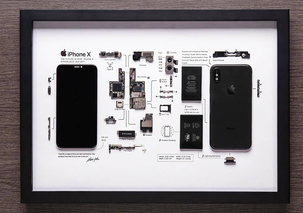 Foto de um iPhone X desmontado dentro de uma moldura.