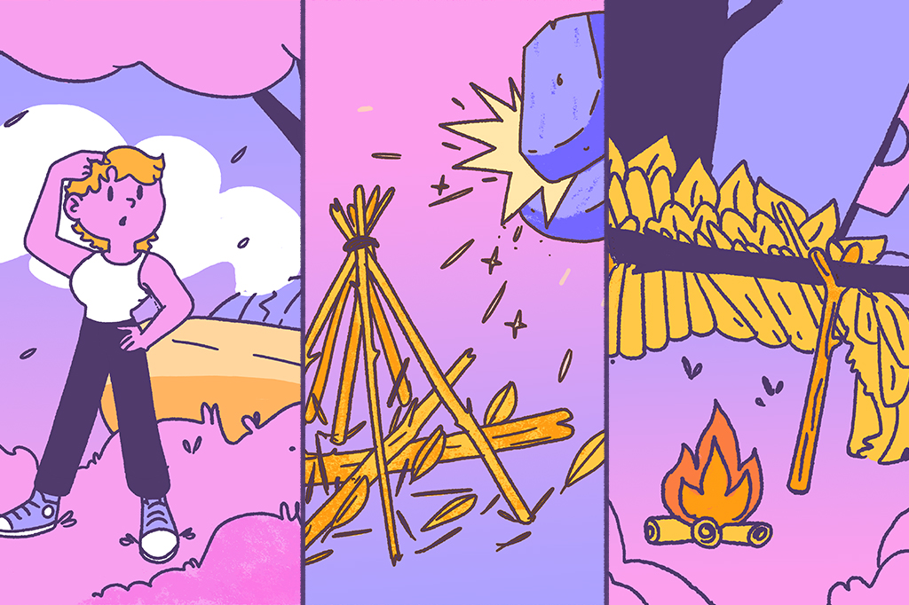 Composição de ilustrações sobre sobrevivência na selva.