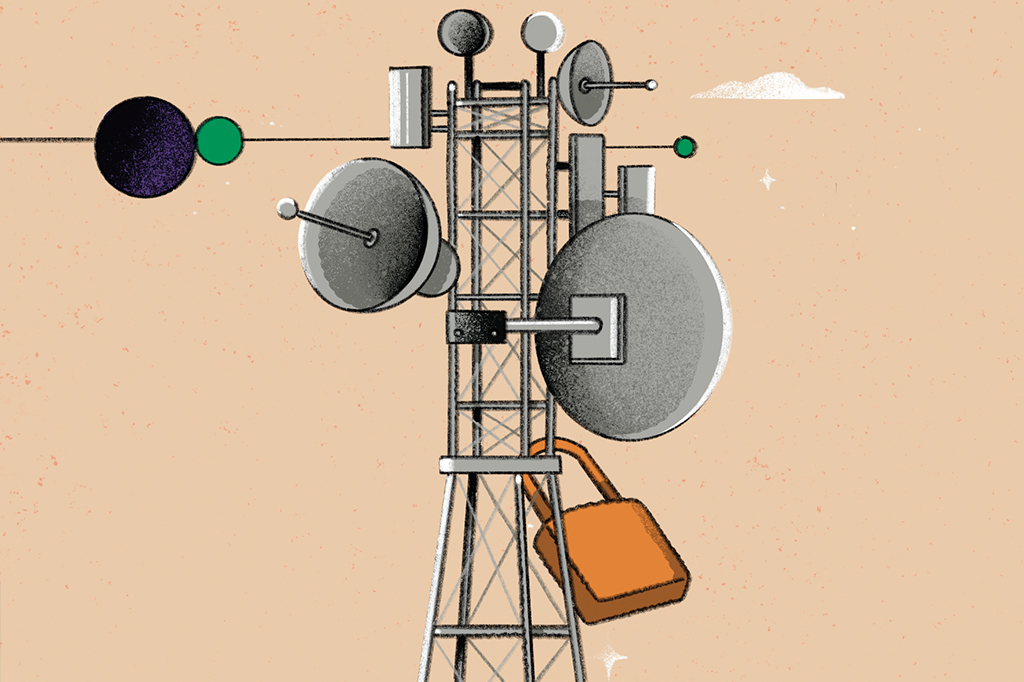 SI_440_5G_site5 Ilustração de uma torre de telefonia com um cadeado preso em si.