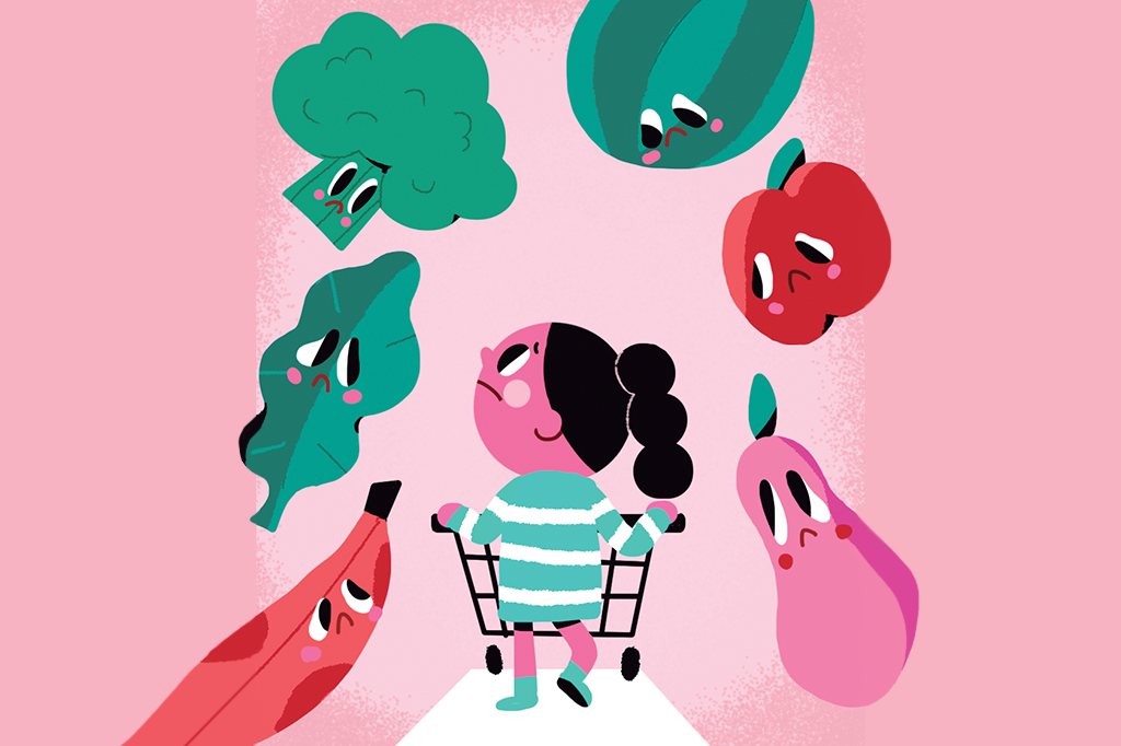 Ilustração de uma mulher entrando no mercado e frutas e legumes olhando pra ela com cara de dó.