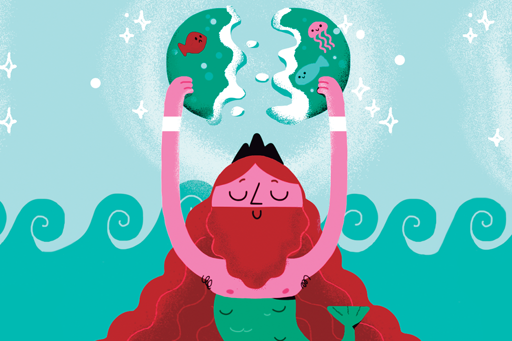 Ilustração de Poseidon quebrando uma onda como se fosse uma bolacha.