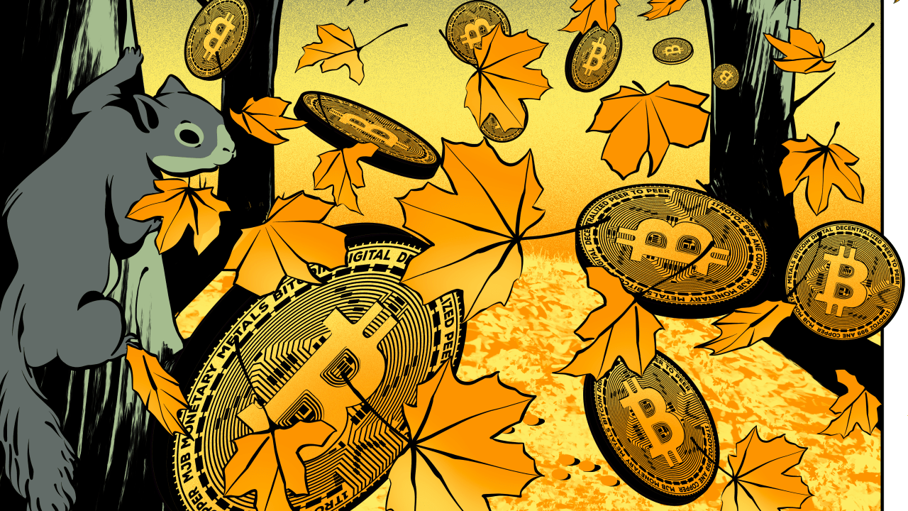 Ilustração de folhas e moedas de bitcoin caindo.