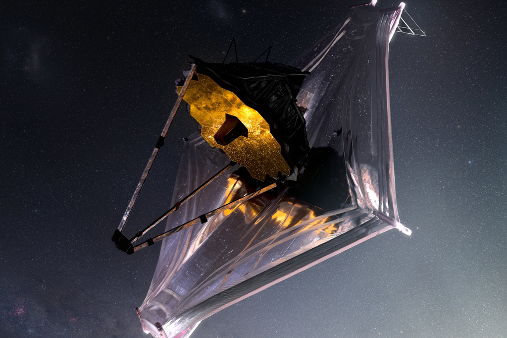 Render 3D do telescópio James Webb no espaço.