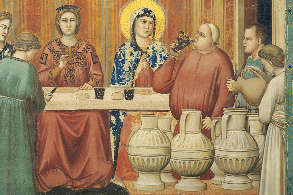 Pintura "Stories of Christ The Wedding at Cana or The Marriage Feast at Cana", do pintor Giotto, datado de 1304 - 1305.