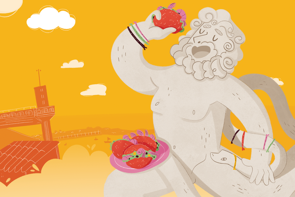 Ilustração de uma estátua grega comendo acarajé em Salvador.