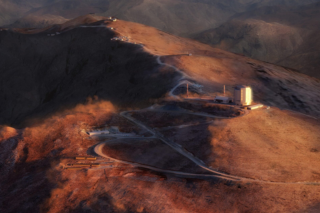 Renderização de vista aérea diurna de onde se encontra o telescópio.