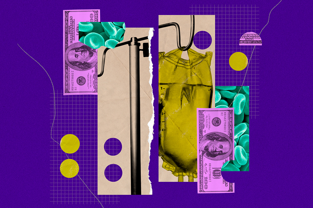 Colagem mostrando bolsa de infusão e notas de dólar.