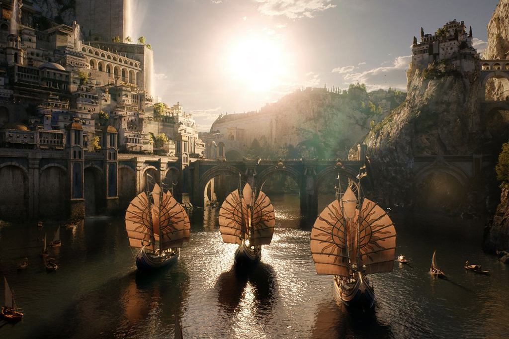 Cena da cidade de Numenor, da série Os Anéis do Poder.
