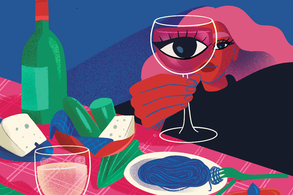 Ilustração de uma mulher em um banquete e olhando através de uma taça de vinho.