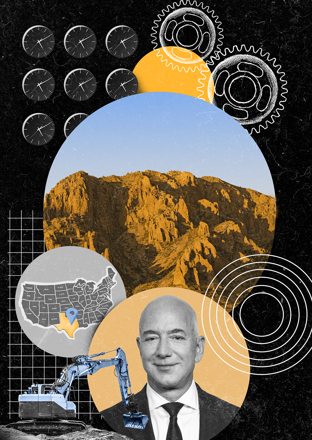 SI_444_Relógio_02 Colagem com uma montanha, relógios, escavadeira, engrenagens e Jeff Bezos.