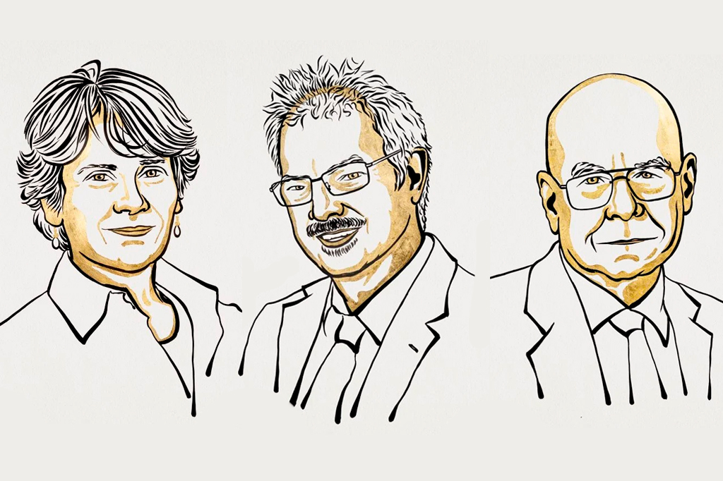 Ilustração dos ganhadores Carolyn R. Bertozzi, Morten Meldal e K. Barry Sharpless.