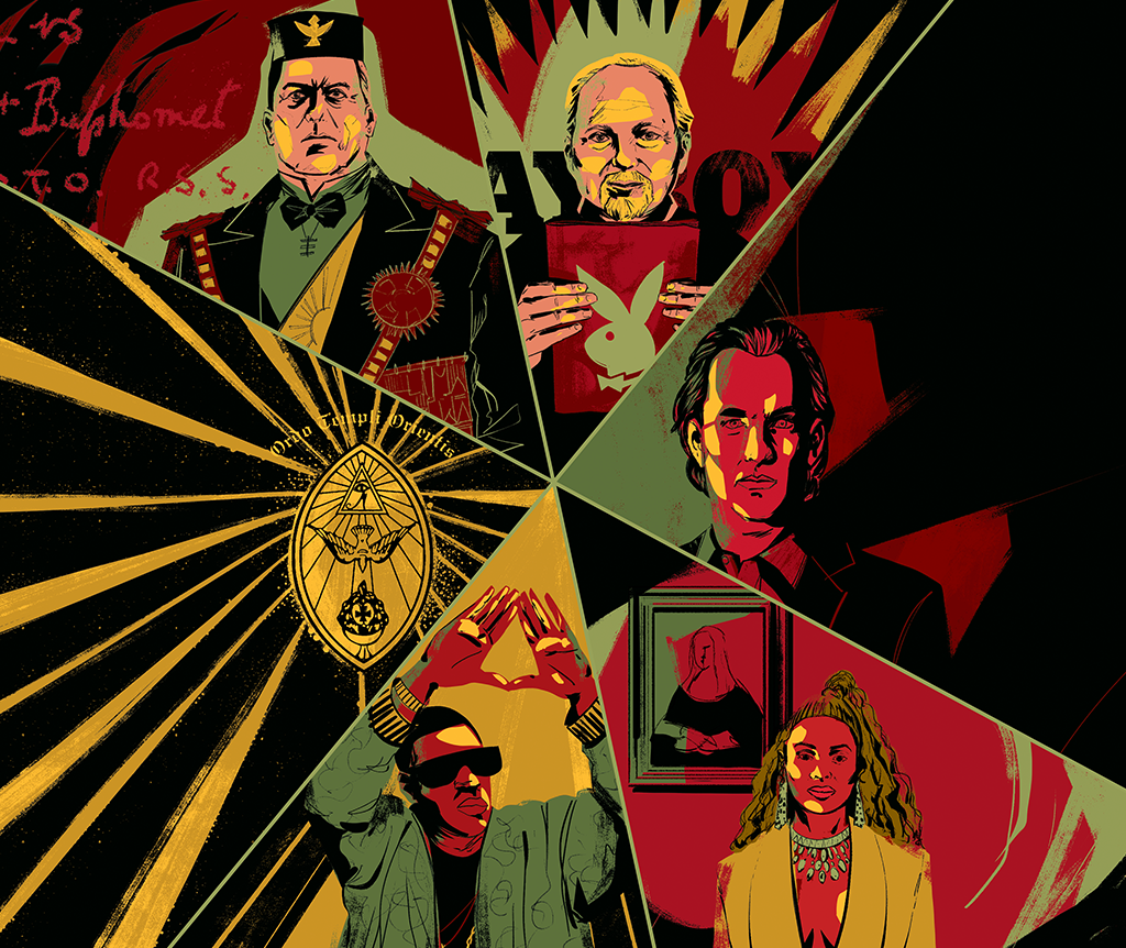 SI_445_Illuminati_04 Ilustração de 6 elementos dentro de triângulos: símbolo da Ordo Templi Orientis, retrato de Aleister Crowley, retrato de Robert Anton Wilson segurando uma revista Playboy, retrato de Tom Hanks, retrato da Beyoncé no Louvre e do Jay-Z fazendo um símbolo com as mãos.