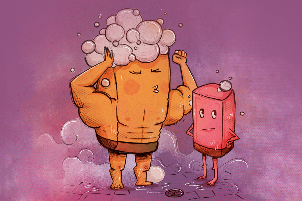Ilustração de 2 sabonetes humanoides, um musculoso cheio de espuma e outro sem músculos com quase nenhuma espuma.