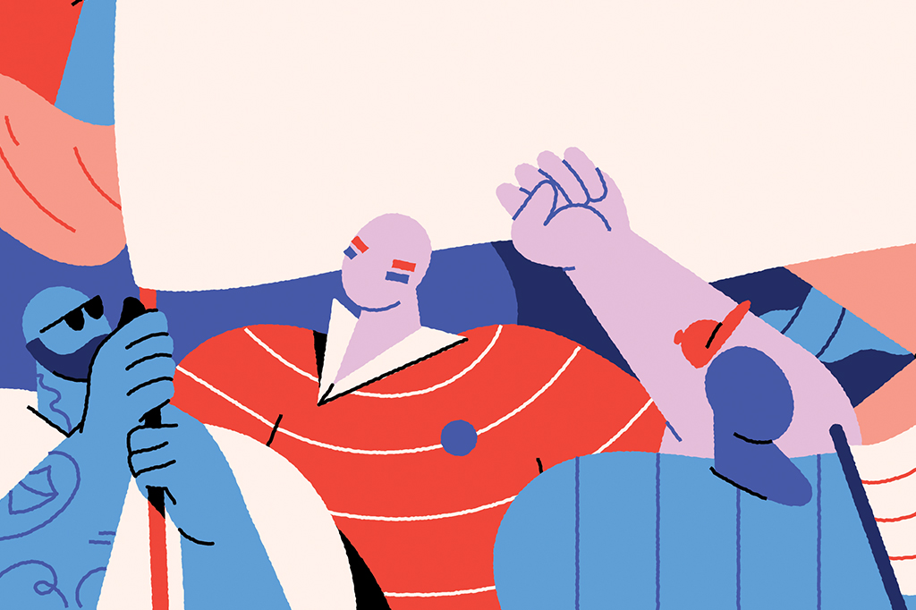 Ilustração de torcedores uniformizados segurando bandeiras e gesticulando com punhos cerrados.