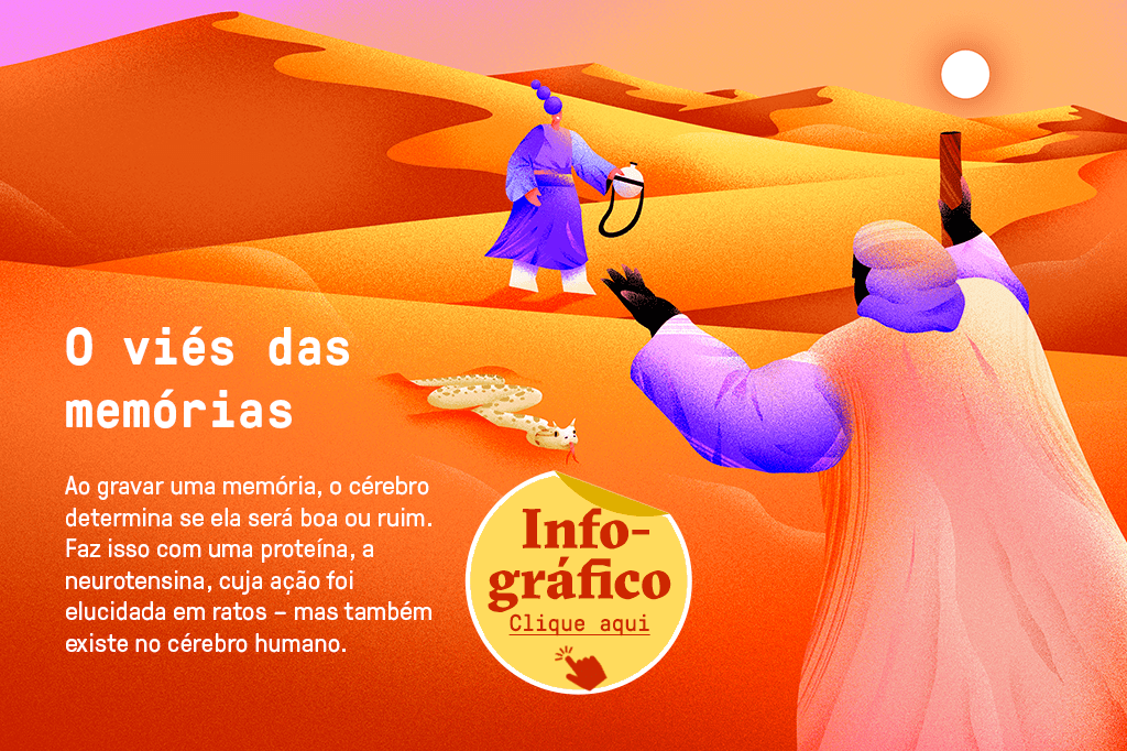 SI_447_Felicidade_03-A Ilustração de uma pessoa encontrando uma pessoa que lhe oferece água no deserto e, perto dessa pessoa, há uma cobra.