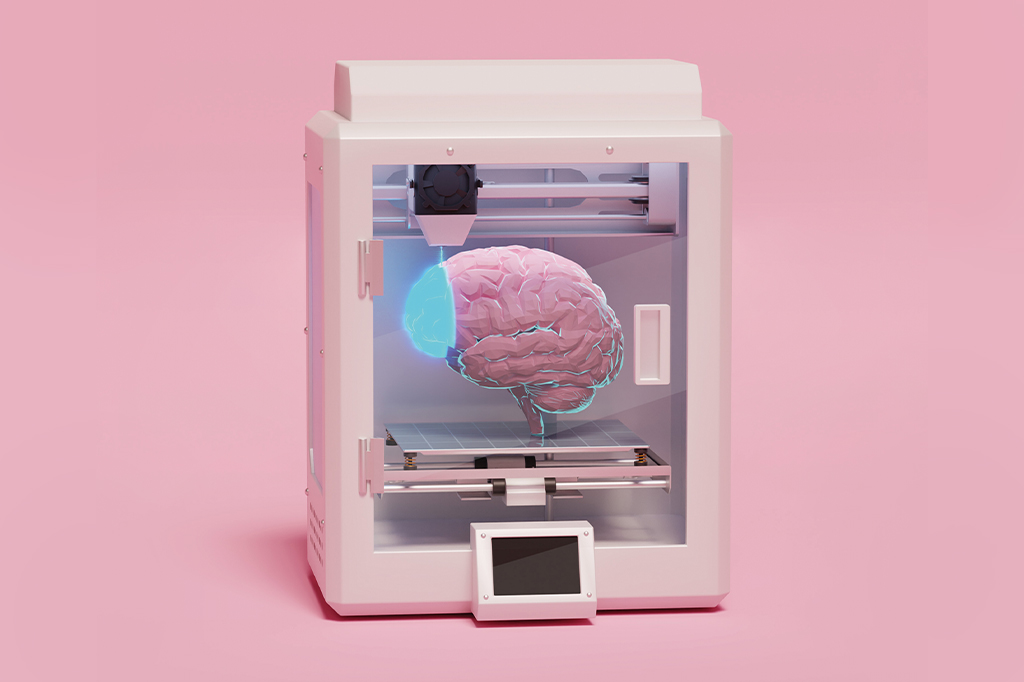 Ilustração de impressora 3D com um canhão laser sob cérebro.
