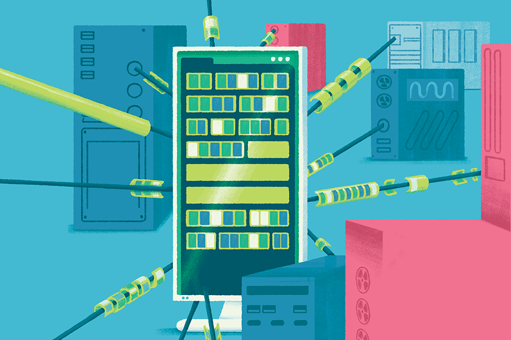 Ilustração de várias CPUs alimentando um monitor.