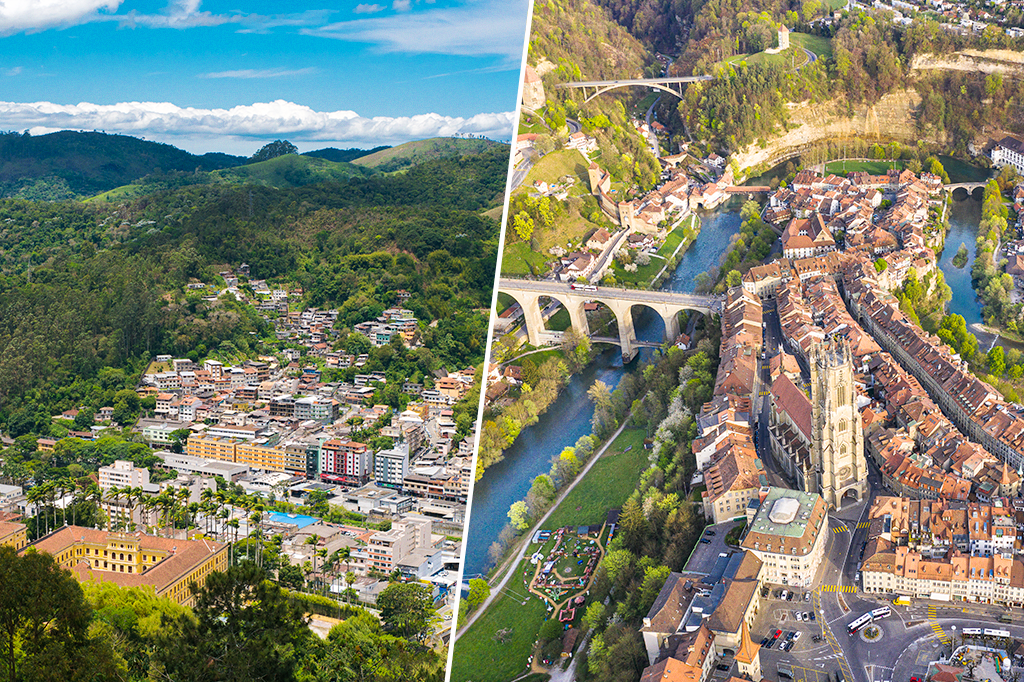 Foto de Nova Friburgo (RJ) ao lado de Friburgo (Suíça).