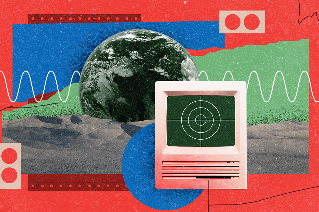 Colagem com o planeta Terra, um monitor e sinais de onda.